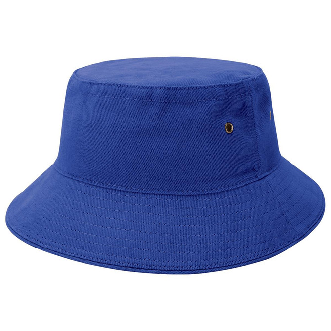 A blue Sandwich Brim Bucket Hat featuring a wide brim and a logo. Ideal for casual wear.
