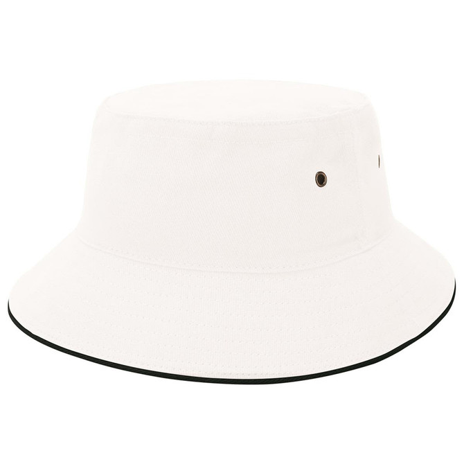 A white bucket hat with a wide brim and a contrasting black edge, featuring small ventilation holes.
