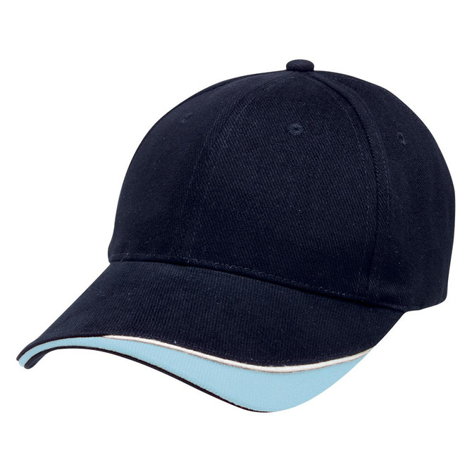 A navy cap with a light blue brim and trim, featuring a logo on the front.