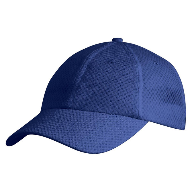 A blue mesh cap with a curved brim, featuring ventilation panels and a logo.