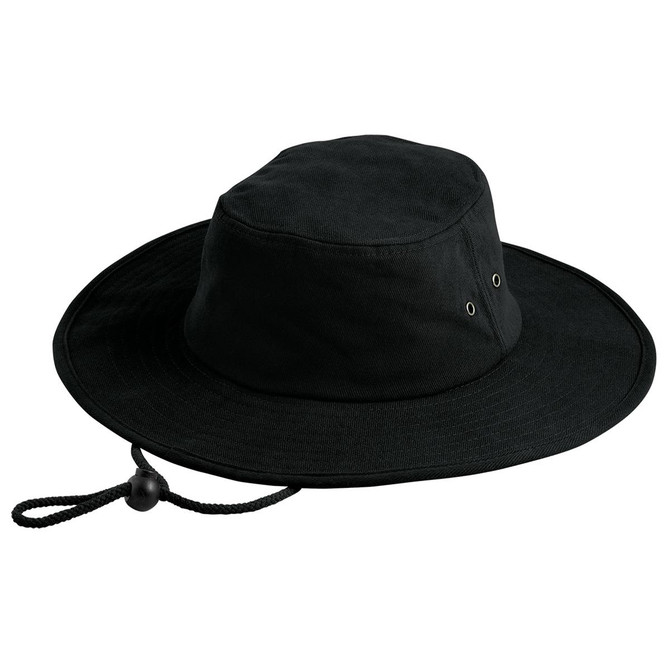 A black brim and bucket hat with a drawstring and ventilation holes. Features a logo.