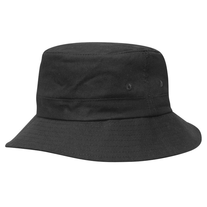A black kids' twill bucket hat with a toggle, featuring a wide brim and two side vents.