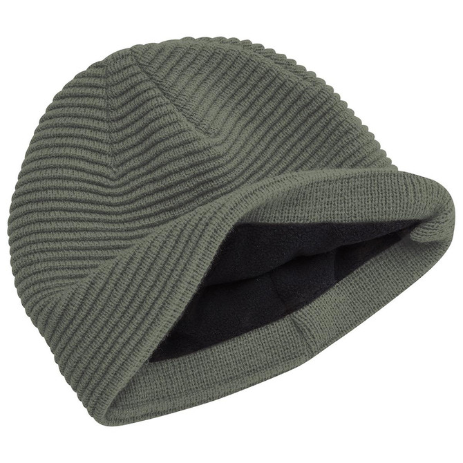 A green ribbed beanie with a folded cuff, featuring a soft inner lining and a logo.
