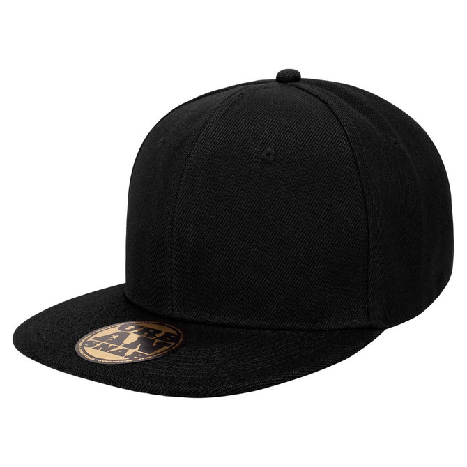 A black cap with a flat brim and a round crown, featuring a branding logo on the front.