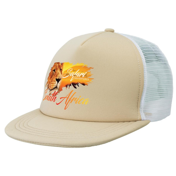 A beige trucker cap with a white mesh back, featuring a lion graphic and text.