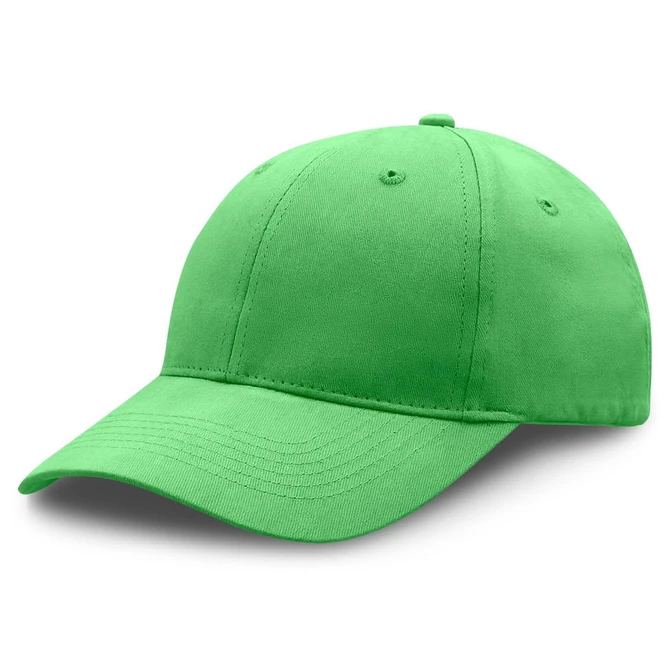 A green premium soft cotton cap with a curved peak and stitched detailing, featuring a logo on the front.