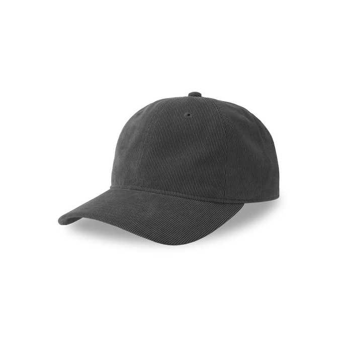 A dark grey cap made from recycled corduroy, featuring a curved brim and a logo.