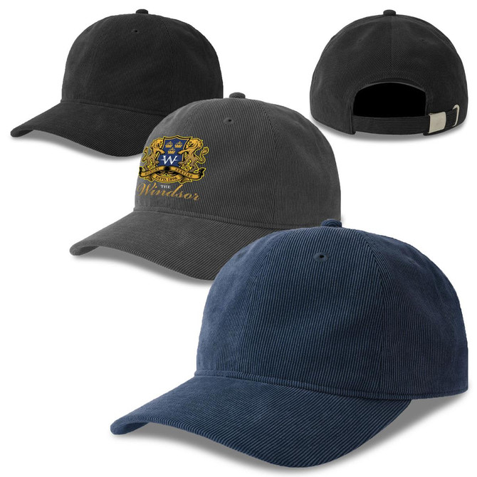 A navy and dark grey recycled corduroy cap with a branded logo on the front and an adjustable strap at the back.