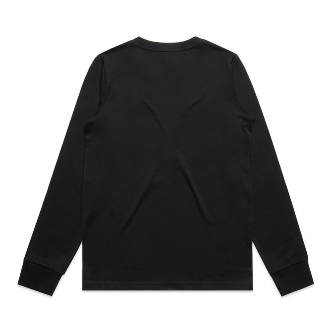 A black long-sleeve t-shirt with a simple back design and fitted cuffs. It features a logo.