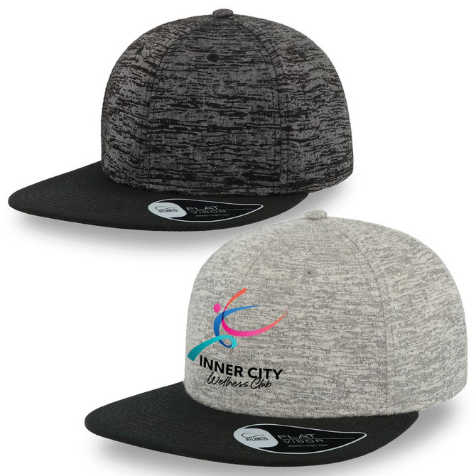 A promotional cap in black and grey with a flat peak, featuring a logo on the front.