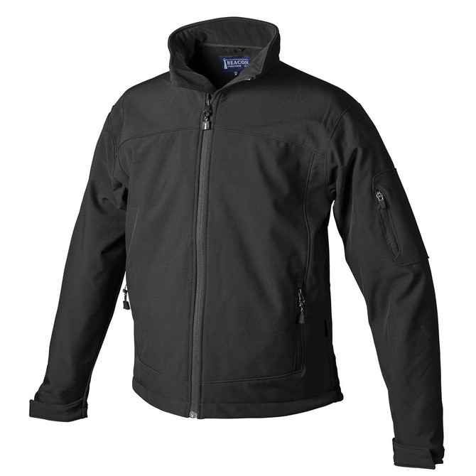 A black softshell jacket with a high collar and zippered pockets, featuring a logo on the left side.