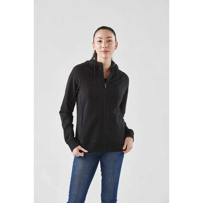 A black women's full zip hoodie features a fitted design and a logo on the chest.