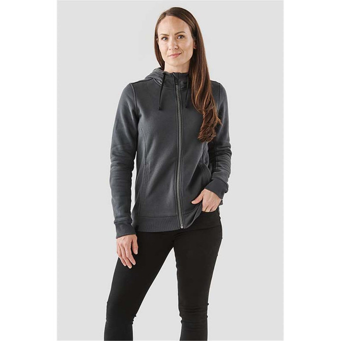 A dark grey women's fleece hoody with a zip front and hood, featuring a subtle logo.