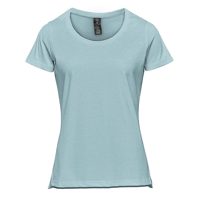 A light blue women's short sleeve tee featuring a round neckline and a logo on the label.