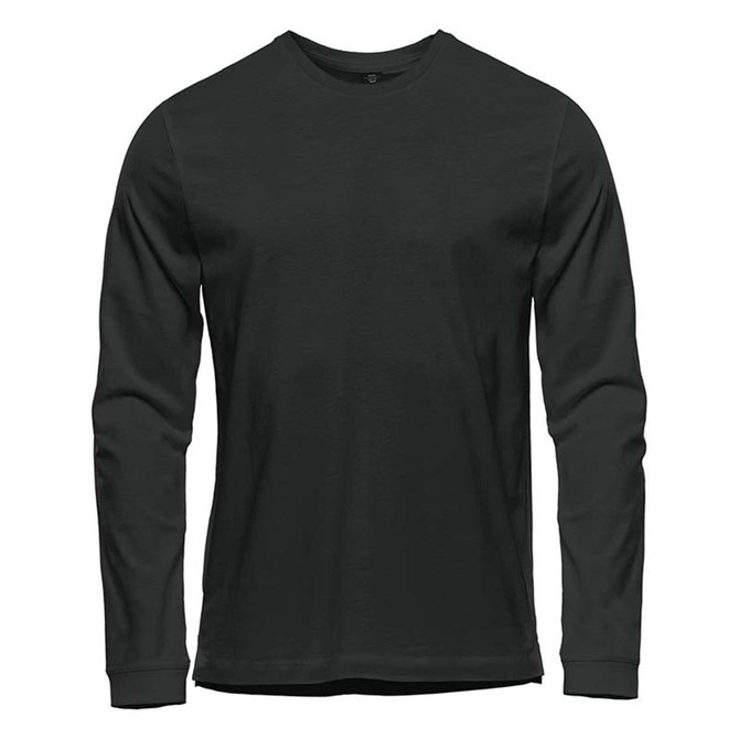 A long sleeve tee in dark green, featuring a classic crew neck and a logo on the front.