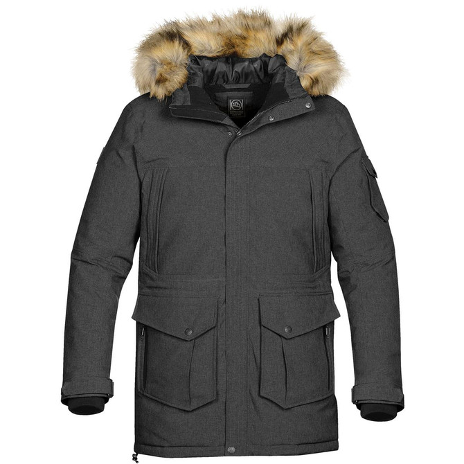 A grey men's expedition parka featuring a fur-lined hood and multiple pockets. The jacket has a logo on it.