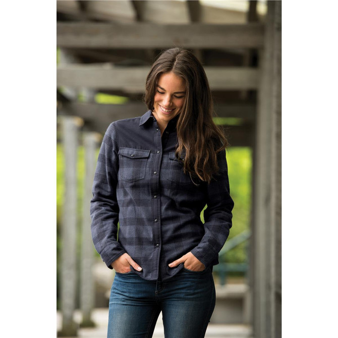 A button-up shirt in dark navy with check patterns, featuring two chest pockets and a classic collar.