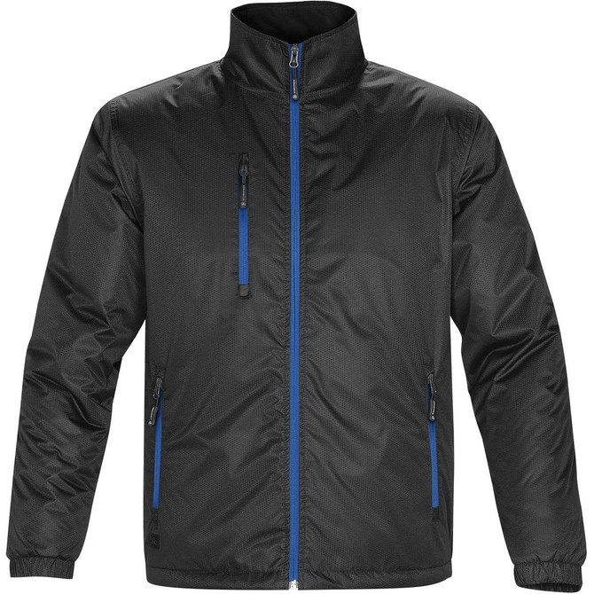 A black thermal jacket with blue zip details and three zippered pockets, featuring a high collar and a logo.
