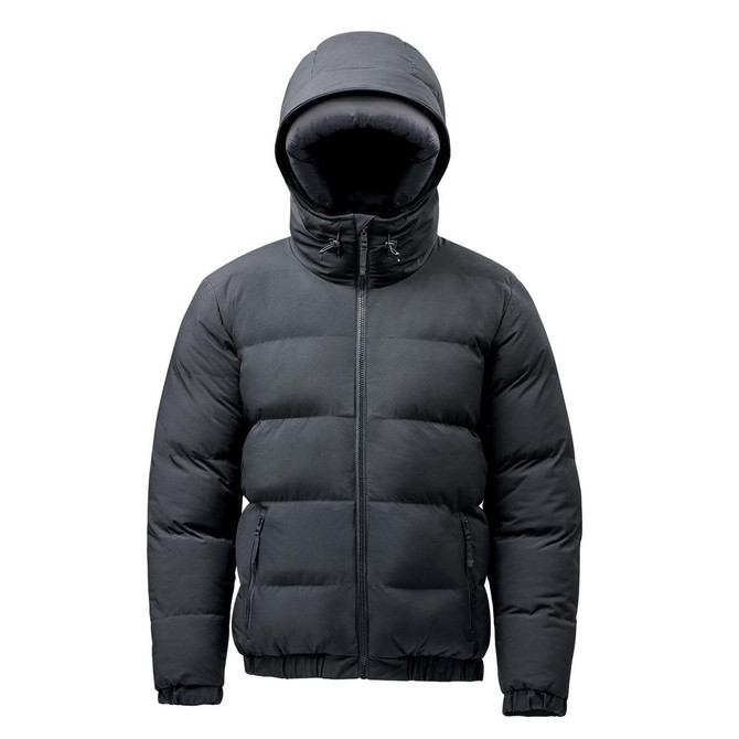 A black thermal jacket with a hood, featuring a zip closure and a padded design. It includes branding.