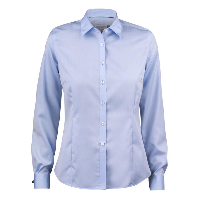 A light blue button-up women's shirt with a collar and long sleeves, featuring a branding logo.