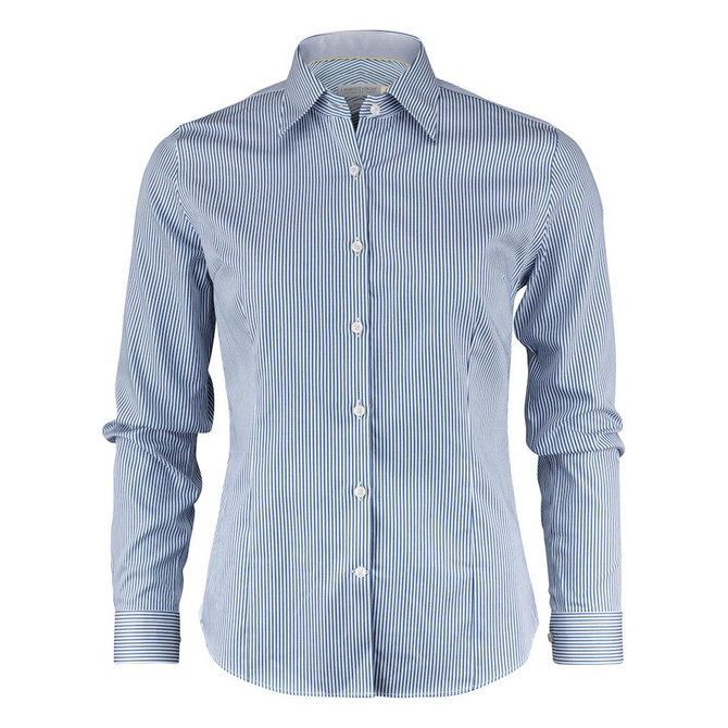 A blue and white striped button-up shirt with a collar and long sleeves, featuring a logo on the fabric.