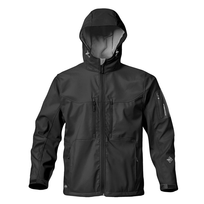 A black Men's Epsilon H2Xtreme Shell jacket with a hood and multiple pockets. It features a logo on the sleeve.