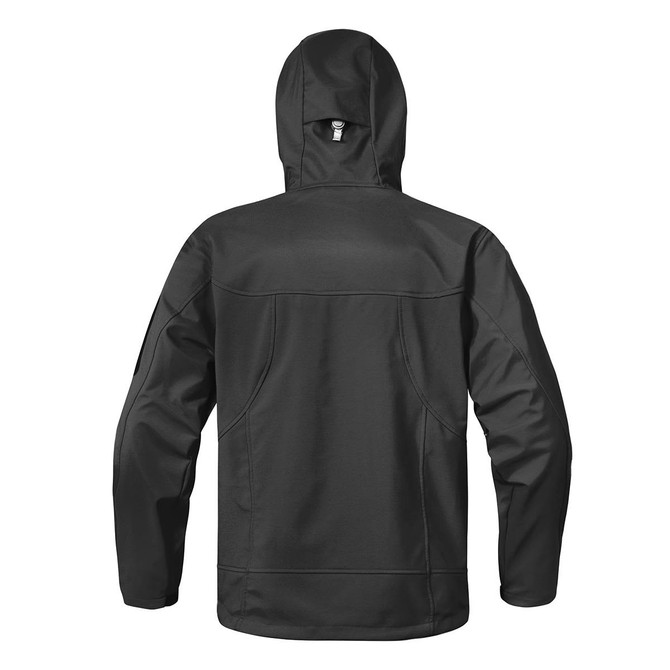 A black Men's Epsilon H2Xtreme Shell jacket featuring a hood and multiple pocket details on the back.