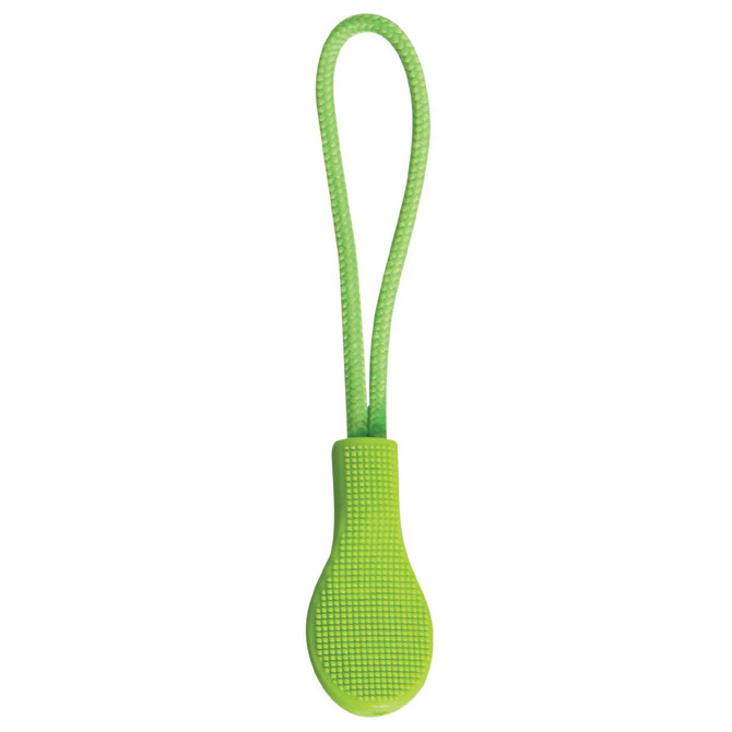 A green zip puller with a textured grip and a loop for easy attachment.