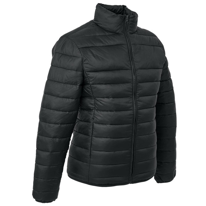 A dark green puffer jacket with a zip front and ribbed collar. It has a logo on the sleeve.