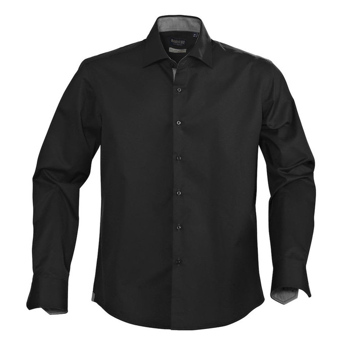 A black button-up men's shirt with long sleeves and a logo on the label.