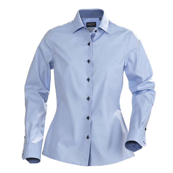 A light blue button-up blouse with long sleeves and black buttons, featuring a fitted design and a collar.