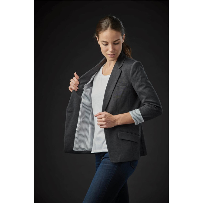 A grey women's blazer with a striped interior, featuring a single-breasted design and a fitted silhouette.