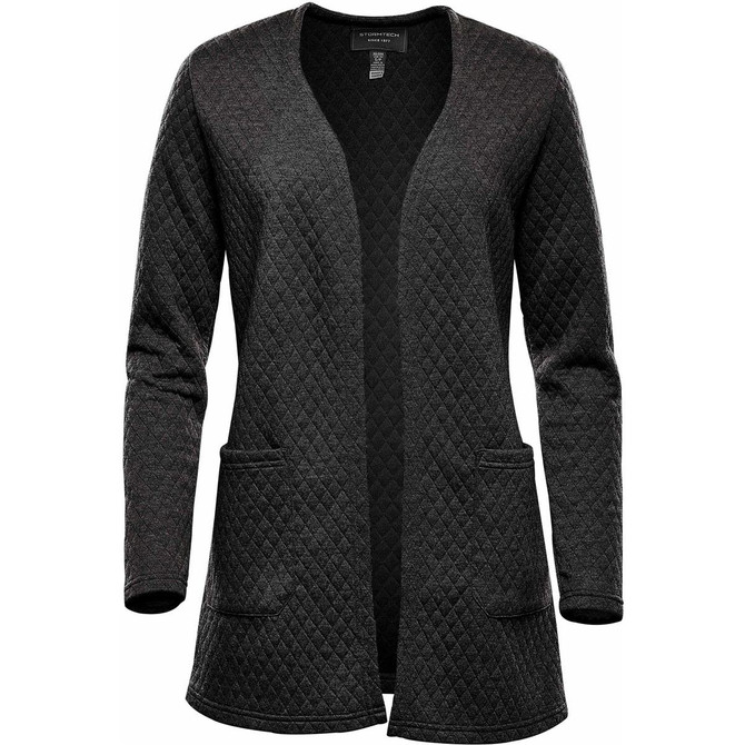 A Women's Chelsea Open Cardigan in a textured dark grey with pockets and a relaxed fit. Features a branding logo.