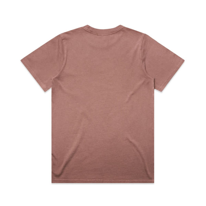 A faded taupe t-shirt with a plain back and short sleeves, featuring a branding logo.