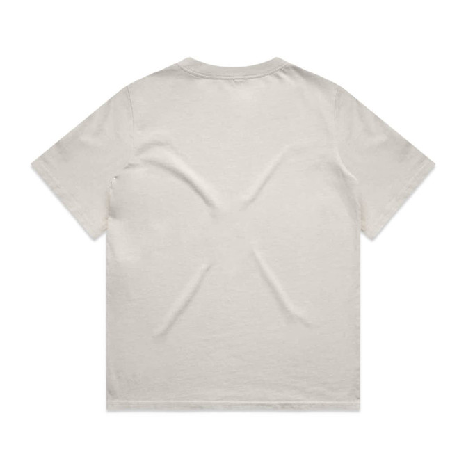 A beige t-shirt with a relaxed fit and a subtle textured appearance on the back. It has a logo.