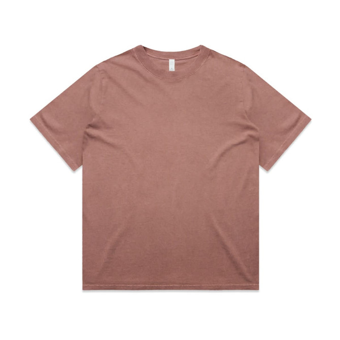 A heavy faded tee in a muted terracotta colour, featuring a simple design and a branding logo.