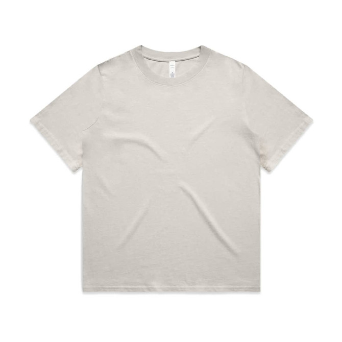 A beige heavy faded t-shirt with a classic crew neckline and short sleeves, featuring a branded label inside.