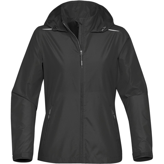 A black rain jacket featuring a hood and zippered pockets, designed for women. It has reflective detailing and a logo.