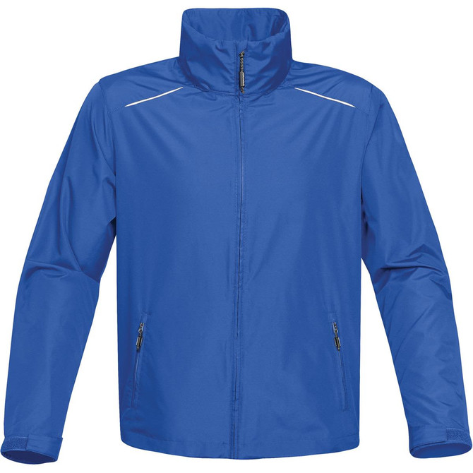 A blue rain jacket with a high collar, two zippered pockets, and reflective detailing. It has a branding logo.