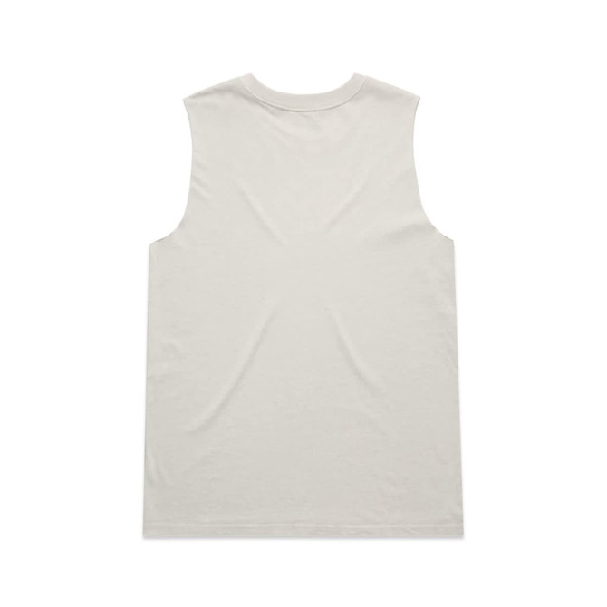 A light beige, heavy faded tank top with a sleeveless design and a plain back. Features a logo.