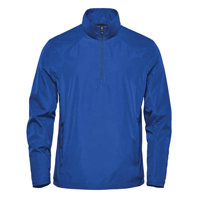 A blue men's 1/4 zip anorak jacket, featuring a high collar and a zipper. It has a logo on the front.