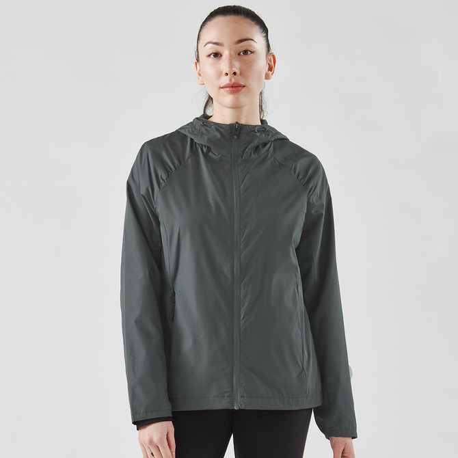 A women's wind jacket in dark grey with a hood and a logo, featuring a lightweight design and long sleeves.