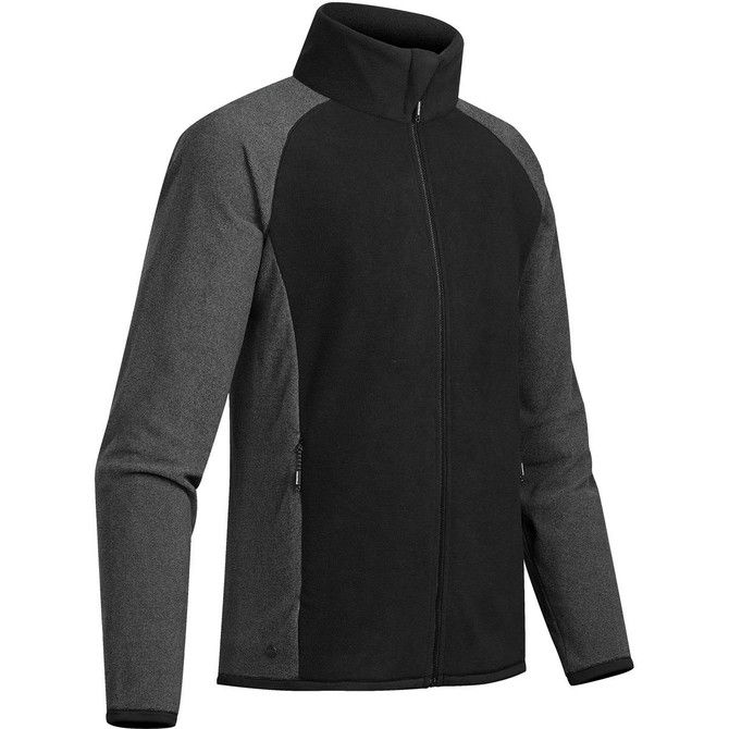 A black and grey men's microfleece jumper with a high collar and zip, featuring side pockets and a logo.