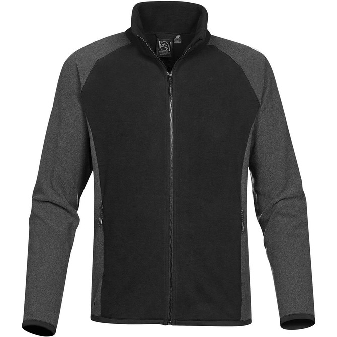 A men's microfleece jumper in black and grey with a zip-up design and a logo on the collar.