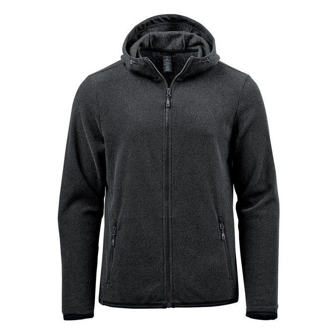 A men's full zip hoody in dark grey, featuring a hood and side pockets, with a logo on the chest.