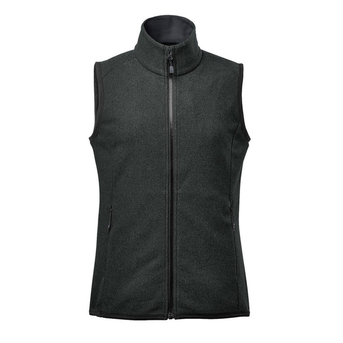 A dark green women's vest with a high collar and zippered front, featuring side pockets and a logo.