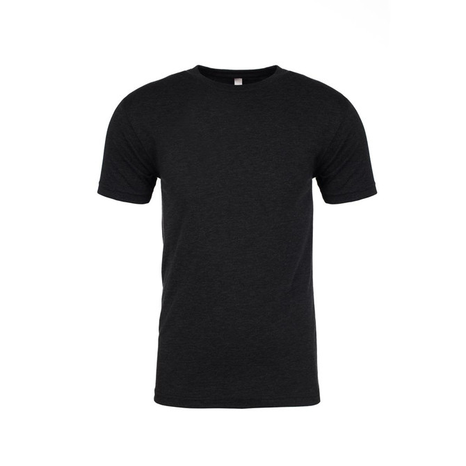 A dark grey men's tri-blend crew t-shirt with a classic fit and short sleeves. It features a logo on the front.