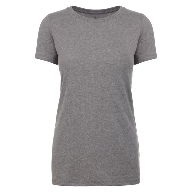 A women's short-sleeve crew neck t-shirt in a heather grey colour, featuring a logo.