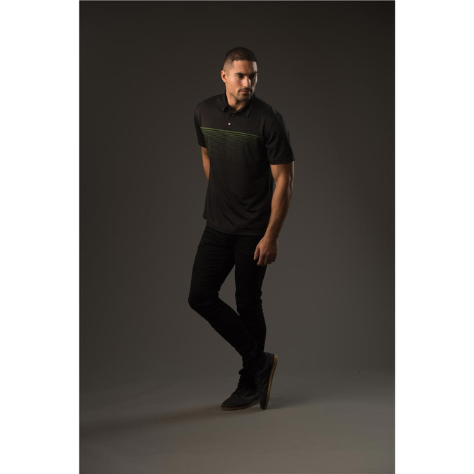 A black polo shirt with a subtle striped design, worn by a model against a dark background. The shirt features a logo.