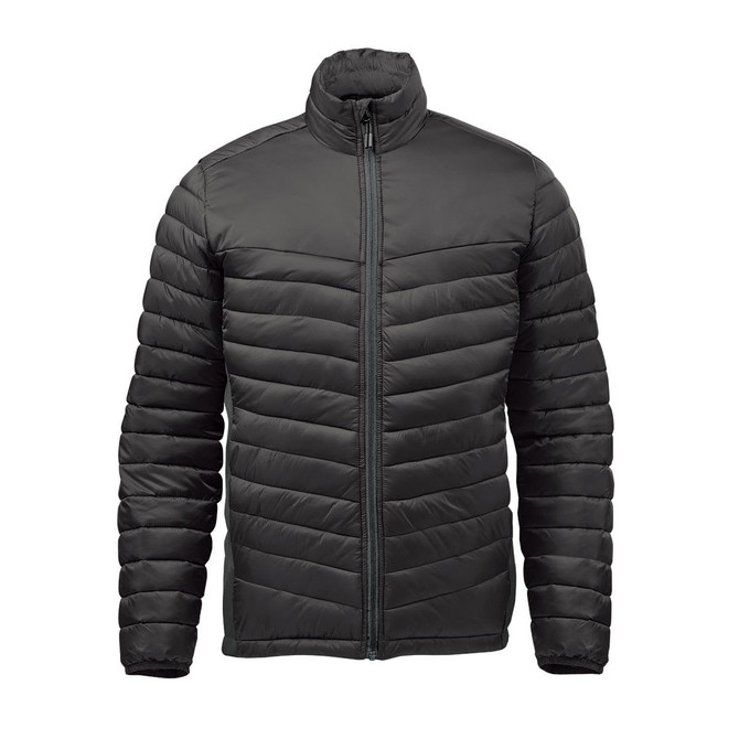 A men's thermal jacket in dark green, featuring a zip-up front and a padded design. It has a logo on the chest.